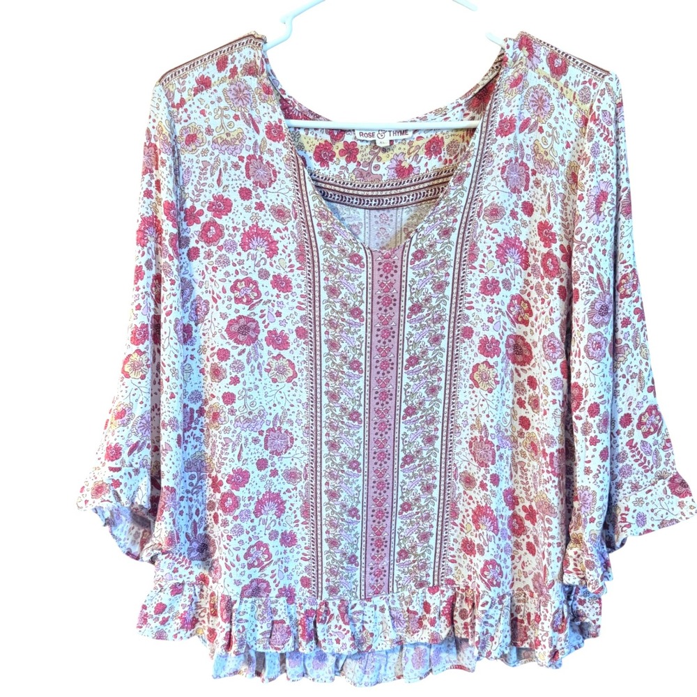 Rose & Thyme XL Fits M/L Boho Floral Ruffle Hem V-Neck Blouse Pink Cream